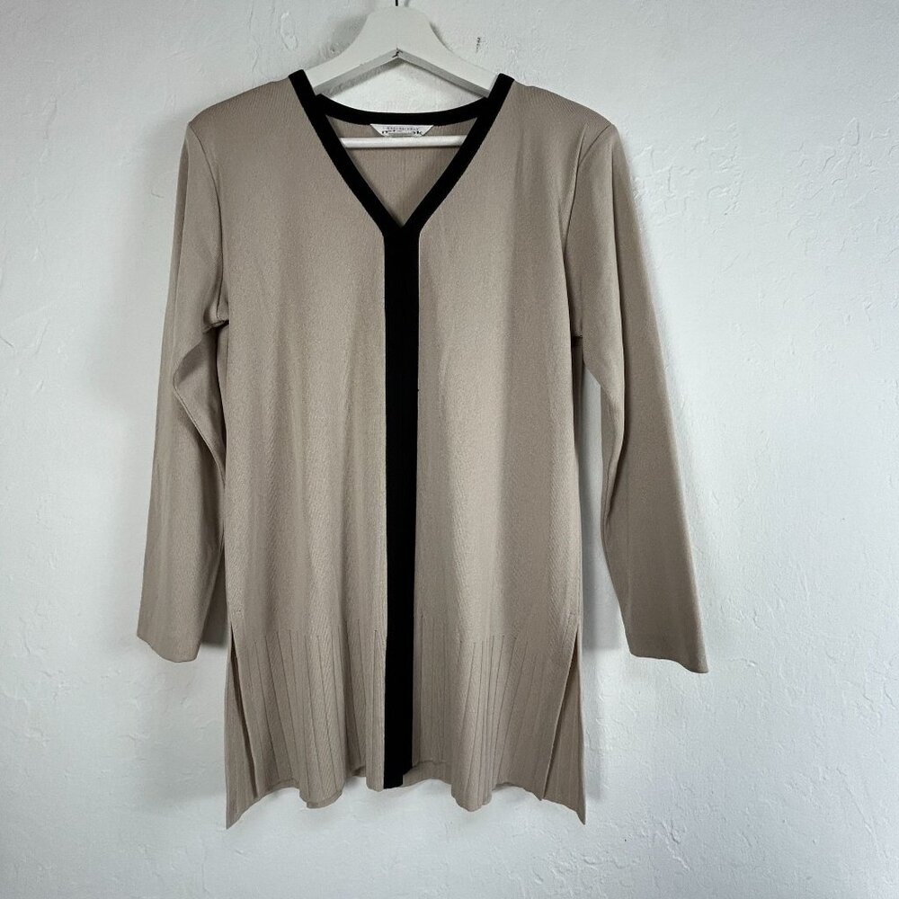 Exclusively Misook Womens Beige Knit V-Neck Tunic Sweater Small Pullover Casual